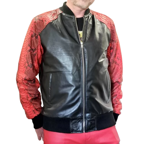 Blouson en cuir d'agneau noir et python rouge véritable modèle Fabrice