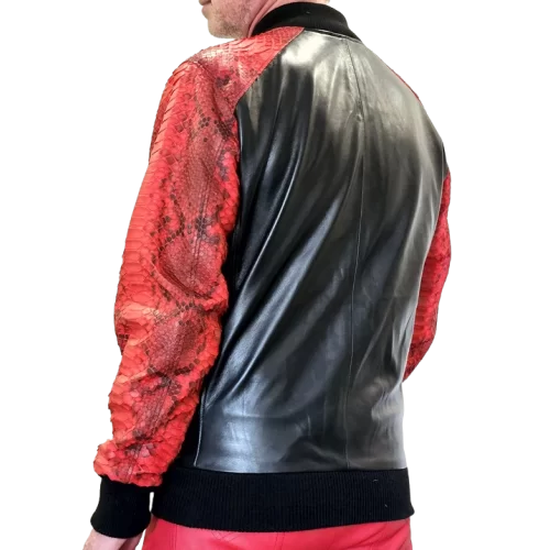 Blouson en cuir d'agneau noir et python rouge véritable modèle Fabrice