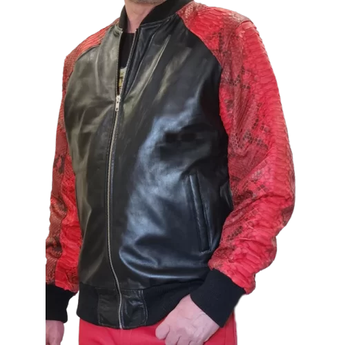 Blouson en cuir d'agneau noir et python rouge véritable modèle Fabrice