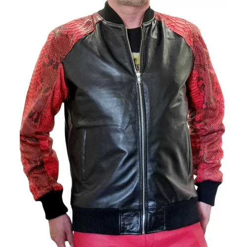 Blouson en cuir d'agneau noir et python rouge véritable modèle Fabrice