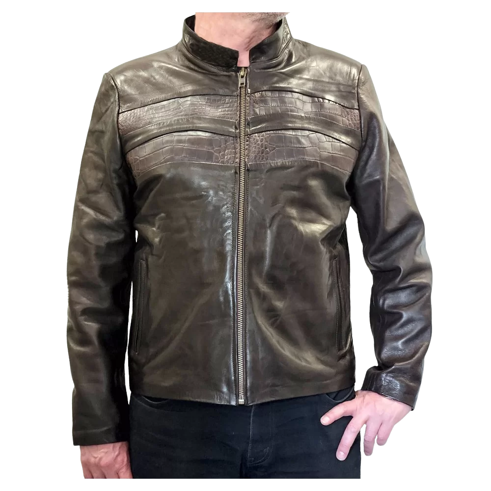 Blouson en vachette plongé et bandes en crocodile véritable modèle Rasta