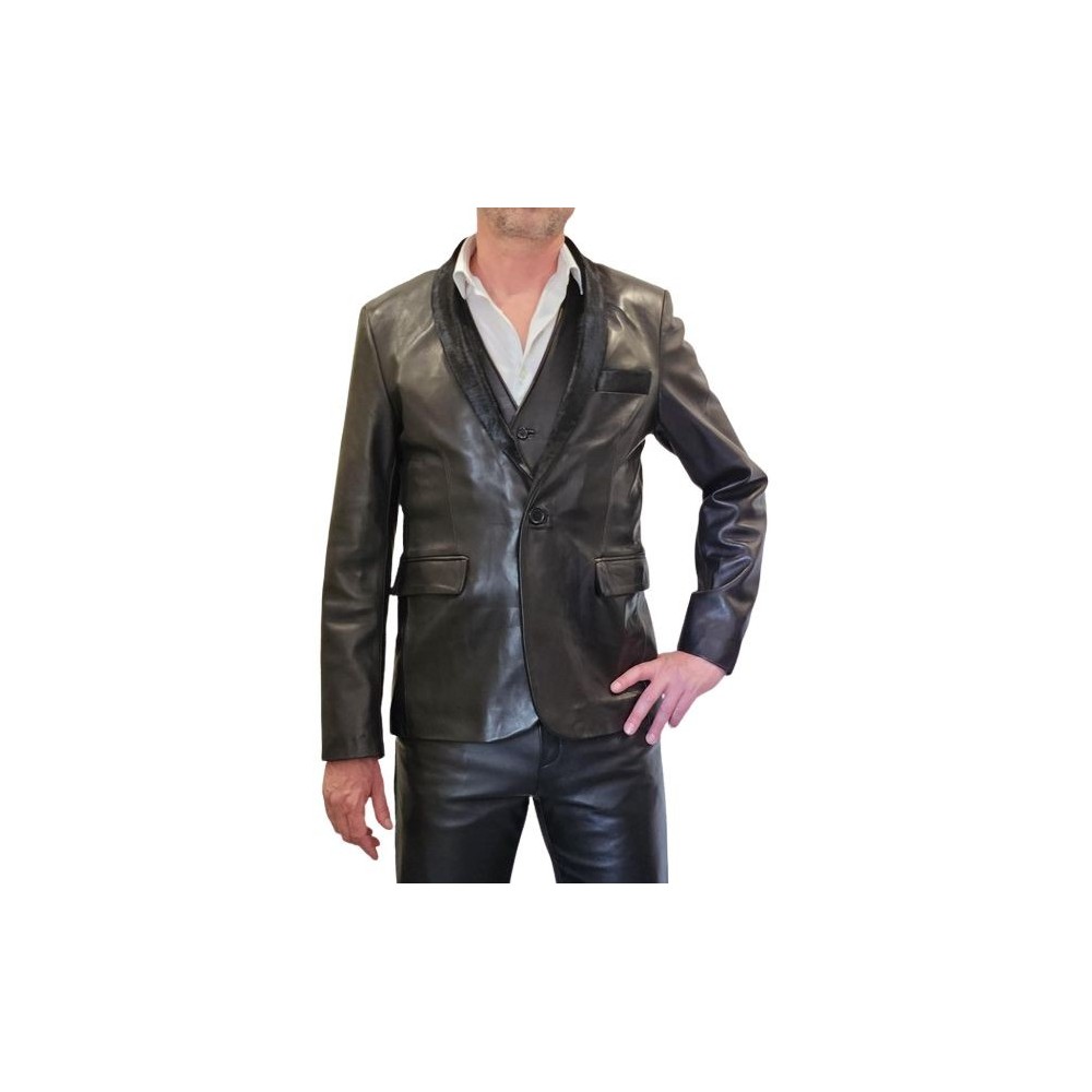 Veste de smocking en cuir agneau plongé noir et veau pony modèle smocky