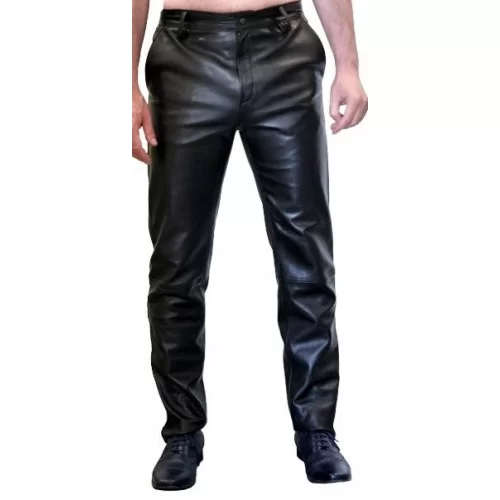 Pantalon de smocking cuir homme agneau plongé noir et bandes veau ponymodèle Excelcior