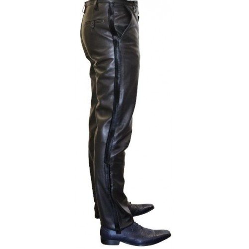 Pantalon de smocking cuir homme agneau plongé noir et bandes veau pony modèle Excelcior