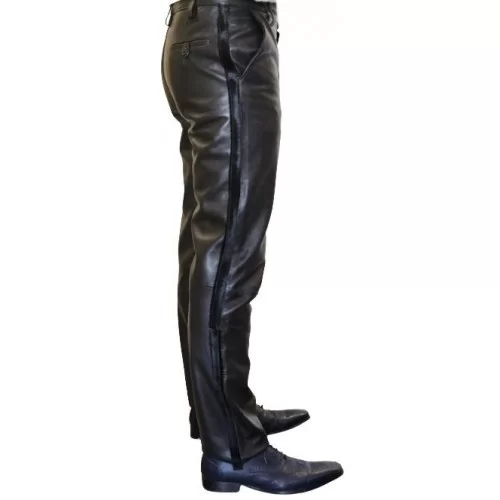 Pantalon de smocking cuir homme agneau plongé noir et bandes veau pony modèle Excelcior