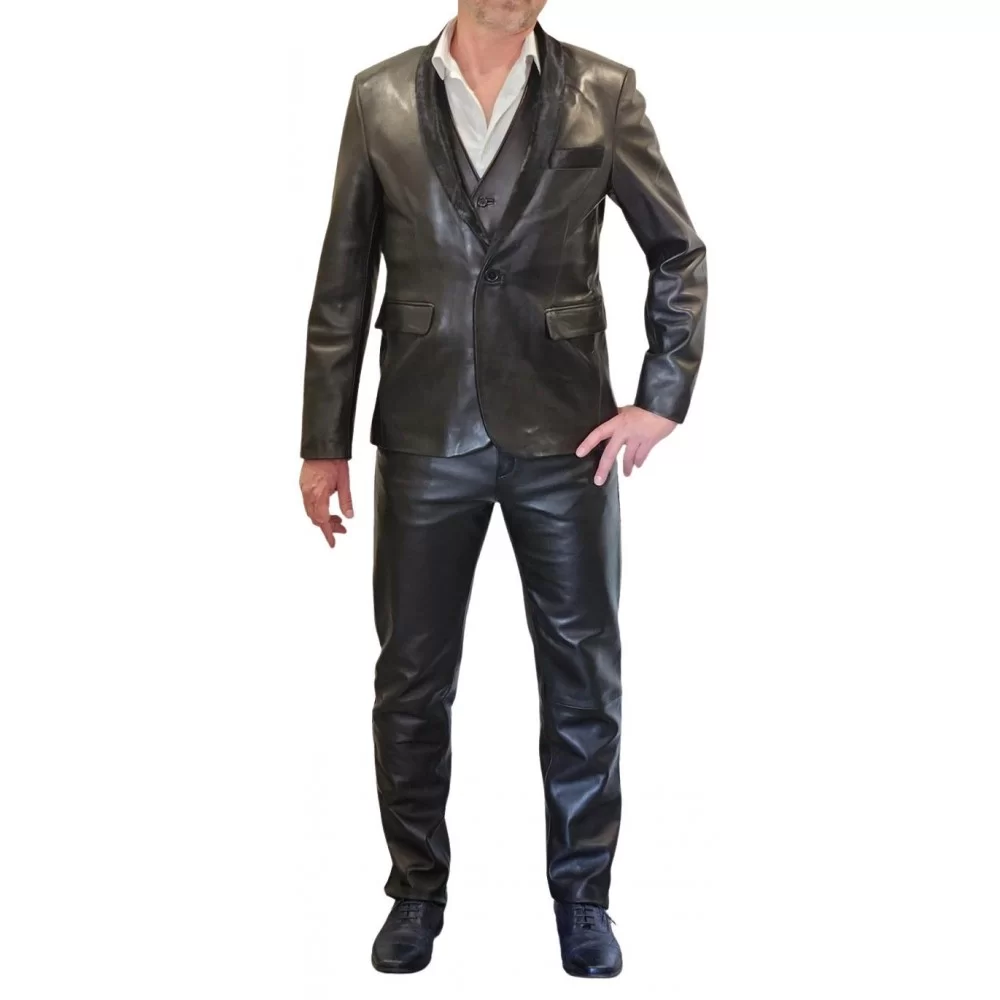 Ensemble Veste + Pantalon En Cuir D'Agneau Pellessimo - Taille 38 - Noir - État Neuf