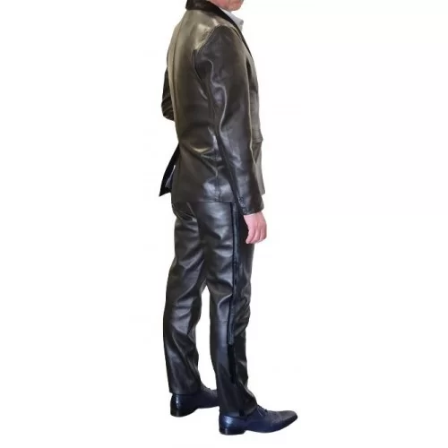 Pantalon de smocking cuir homme agneau plongé noir et bandes veau pony modèle Excelcior