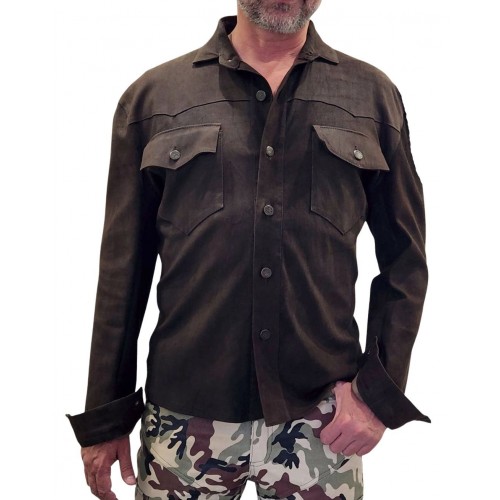 Chemise cuir homme  western en veau velours souple marron modèle Larlo