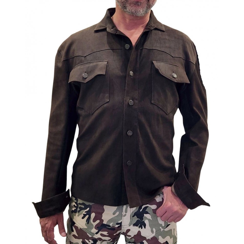 Chemise cuir homme  western en veau velours souple marron modèle Larlo