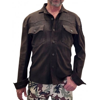 Chemise cuir homme  western en veau velours souple marron modèle Larlo