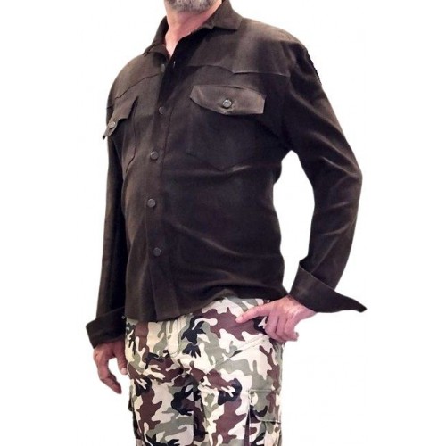 Chemise cuir homme  western en veau velours souple marron modèle Larlo