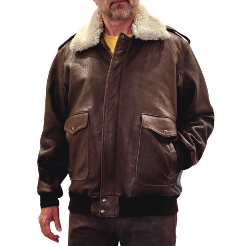 Blouson homme en cuir type aviateur vachette marron col mouton amovible blanc modèle Tornado