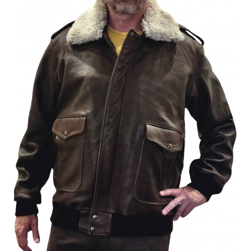 Blouson homme en cuir type aviateur vachette marron col mouton amovible blanc modèle Tornado