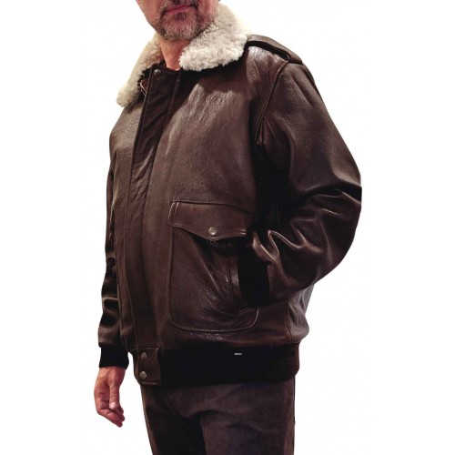Blouson homme en cuir type aviateur vachette marron col mouton amovible blanc modèle Tornado