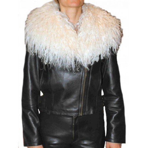 Blouson en agneau noir col agneau de mongolie blanc amovible modèle Andréa