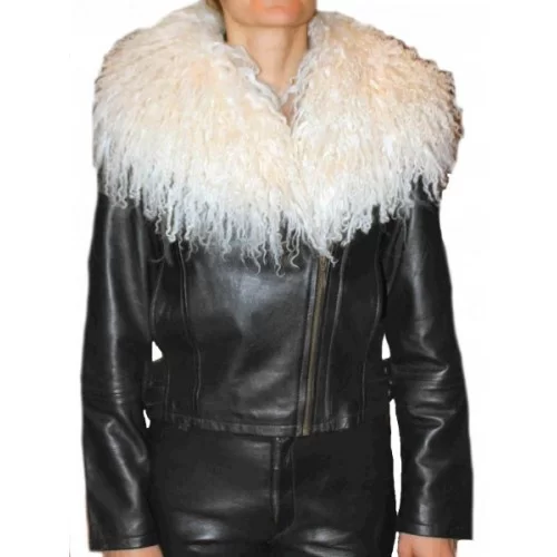 Blouson en agneau noir col agneau de mongolie blanc amovible modèle Andréa