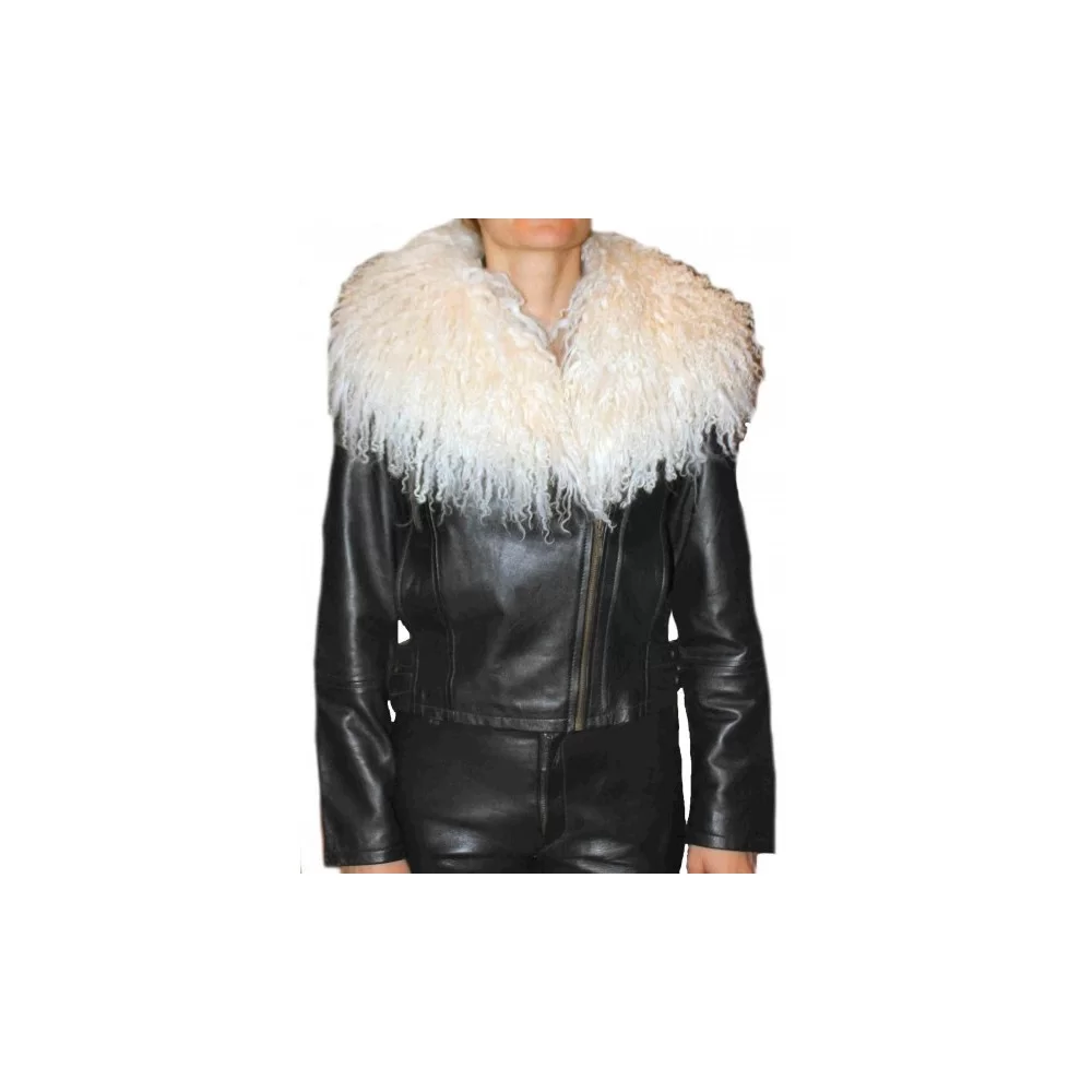 Blouson en agneau noir col agneau de mongolie blanc amovible modèle Andréa