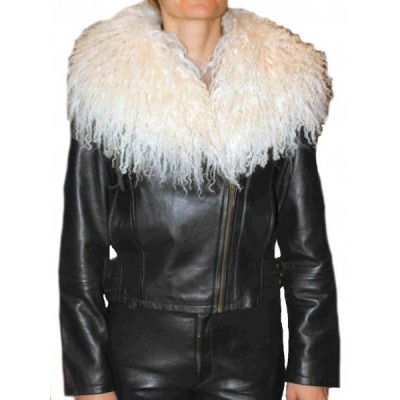 Blouson en agneau noir col agneau de mongolie blanc amovible modèle Andréa
