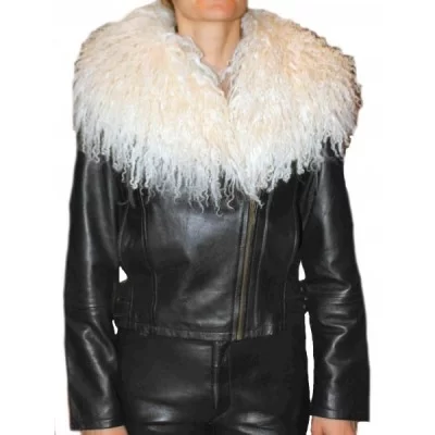 Blouson en agneau noir col agneau de mongolie blanc amovible modèle Andréa
