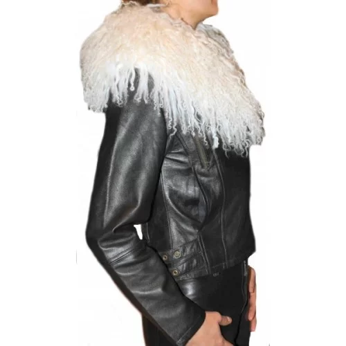 Blouson en agneau noir col agneau de mongolie blanc amovible modèle Andréa