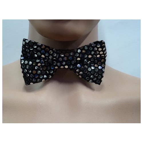 Noeud papillon  disco cuir agneau noir et ronds argent métal