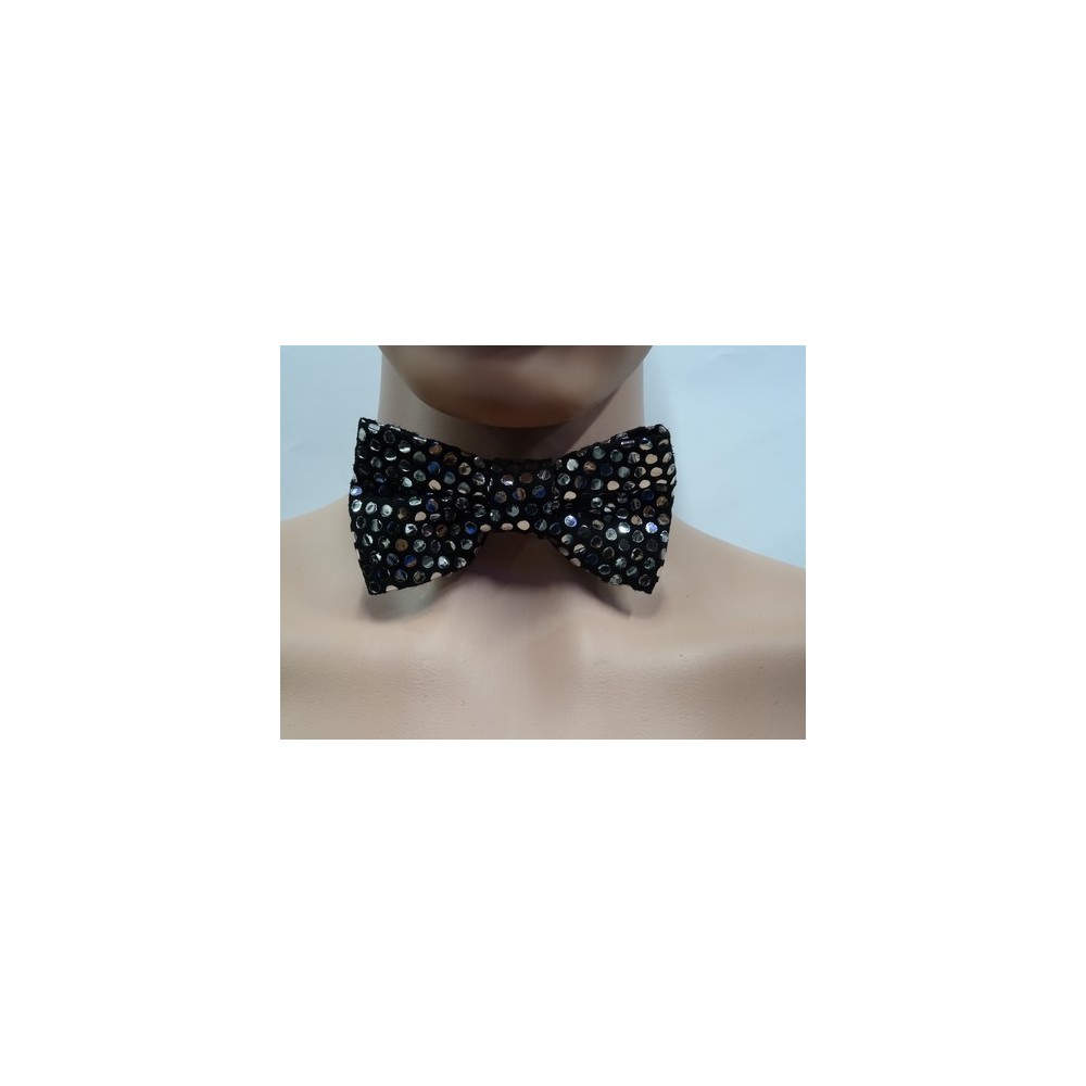 Noeud papillon  disco cuir agneau noir et ronds argent métal