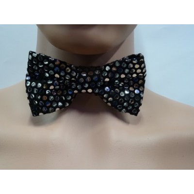 Noeud papillon  disco cuir agneau noir et ronds argent métal
