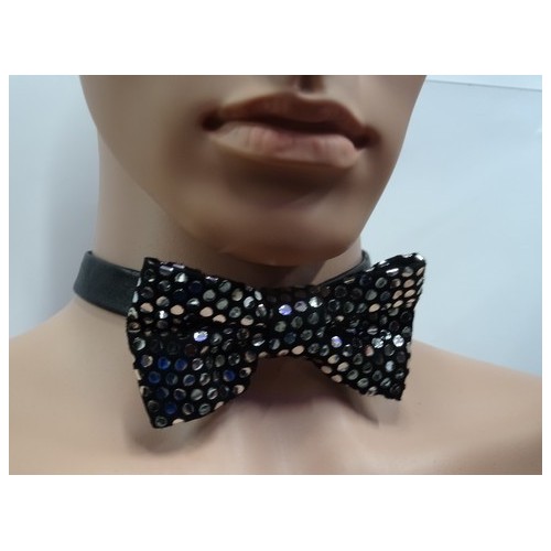 Noeud papillon  disco cuir agneau noir et ronds argent métal