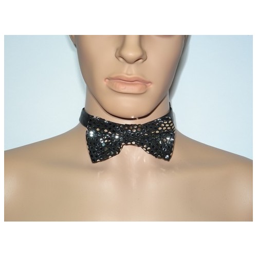 Noeud papillon  disco cuir agneau noir et ronds argent métal