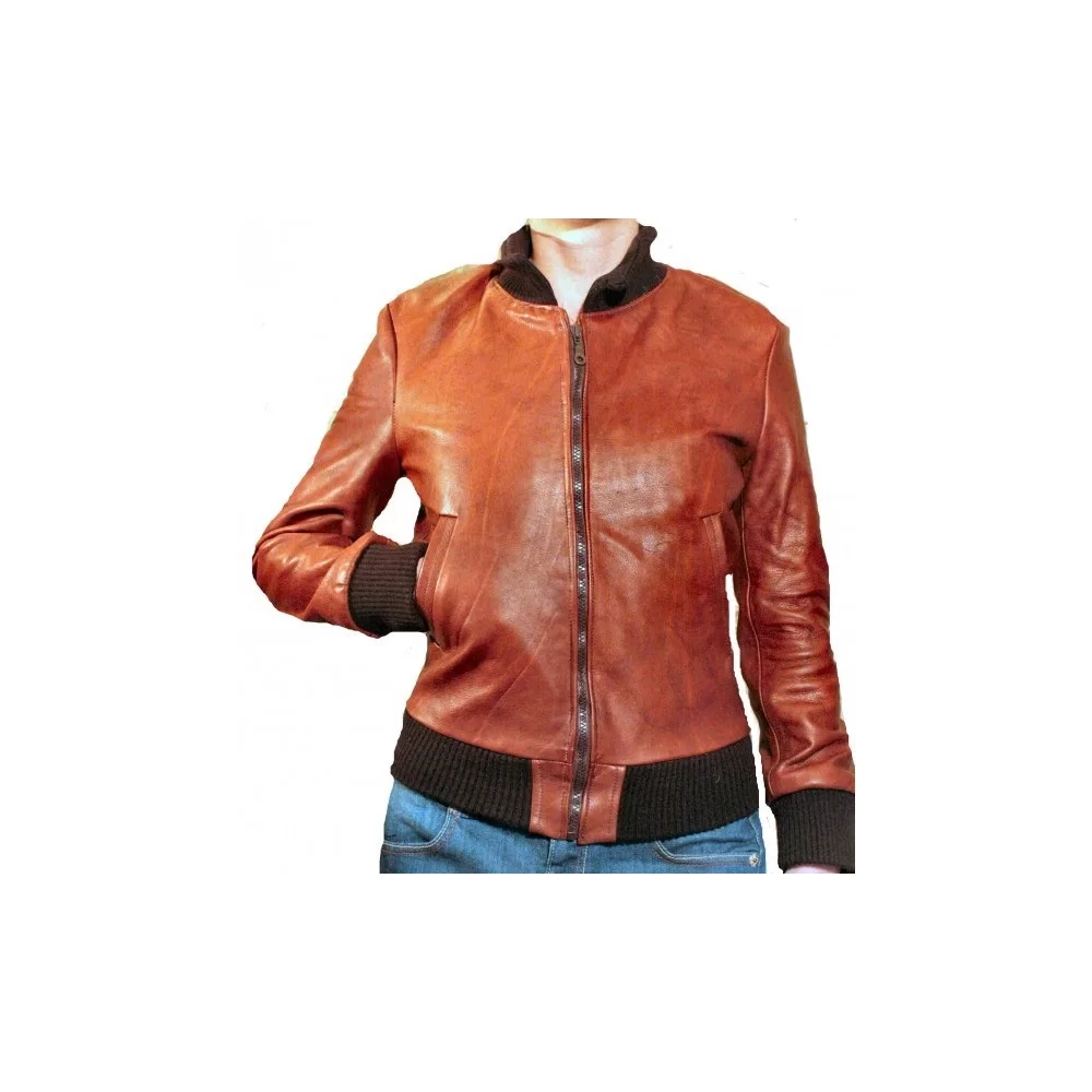 Blouson cuir style teedy en vachette sauvage marron modèle Angie