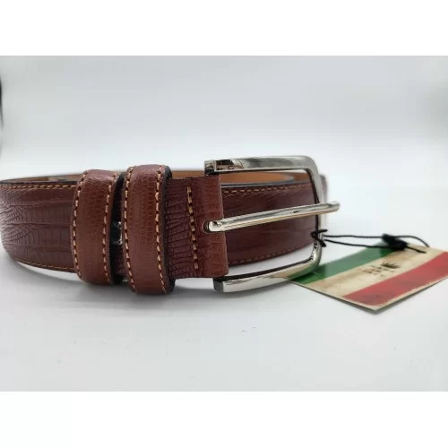 Ceinture en cuir de vachette impression reptile couleur camel