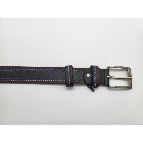 Ceinture en cuir de buffle  véritable surpiqûres bleu blanc rouge boucle métallique
