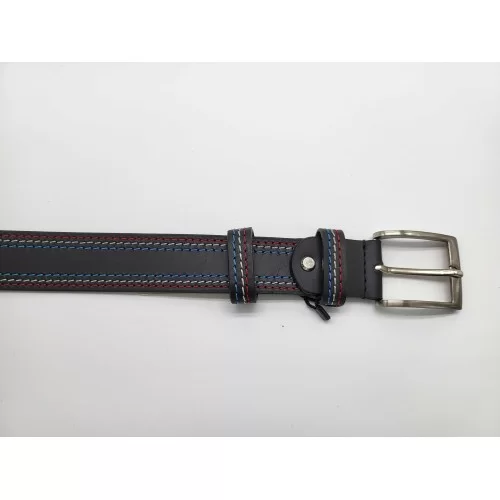 Ceinture en cuir de buffle véritable surpiqûres bleu blanc rouge boucle métallique