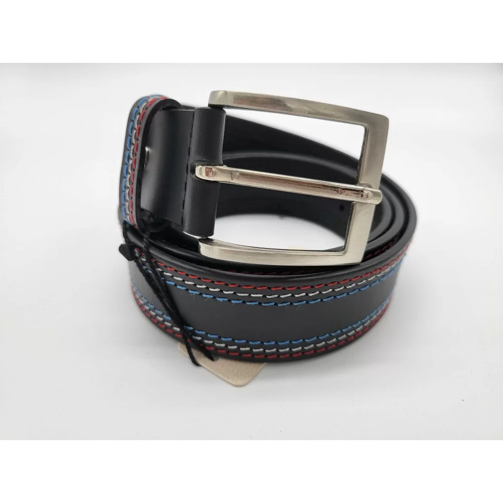 Ceinture en cuir de buffle véritable surpiqûres bleu blanc rouge boucle métallique