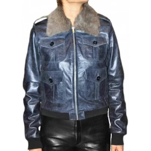 Blouson cuir modèle Amel en vachette bleu vintage col amovible lapin