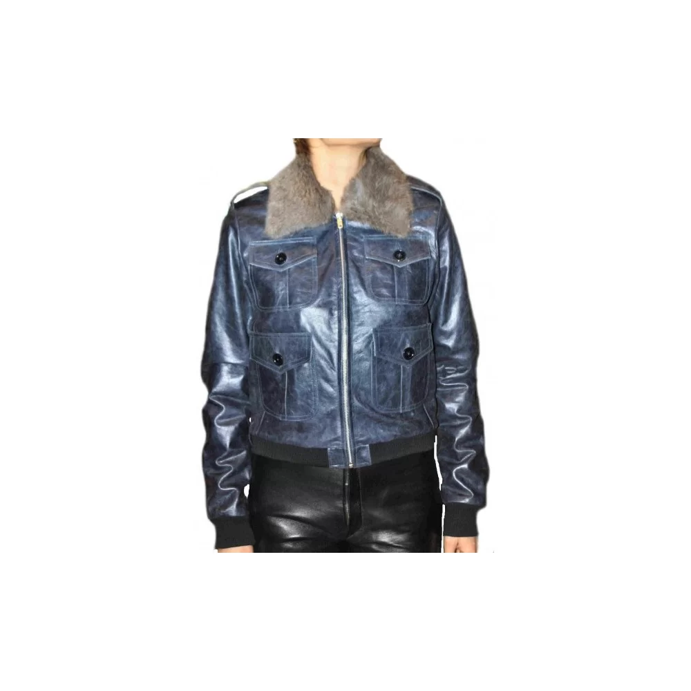Blouson cuir modèle Amel en vachette bleu vintage col amovible lapin