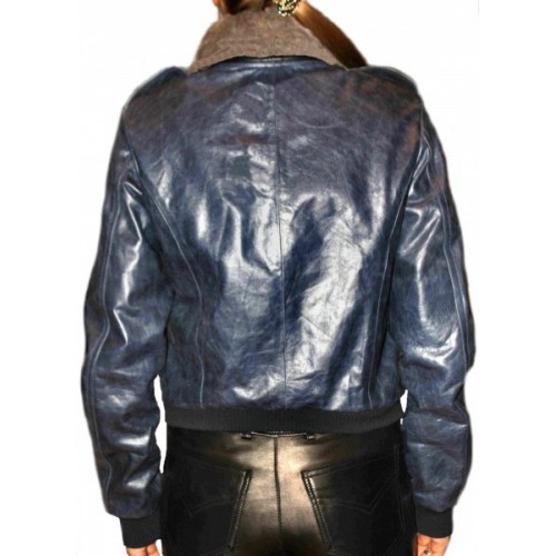 Blouson cuir modèle Amel en vachette bleu vintage col amovible lapin