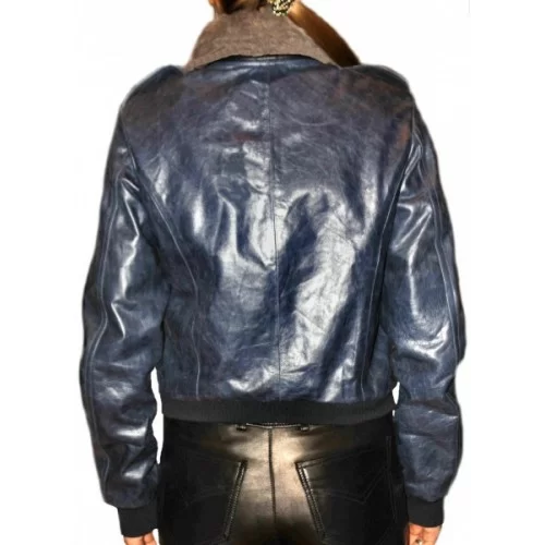 Blouson cuir modèle Amel en vachette bleu vintage col amovible lapin