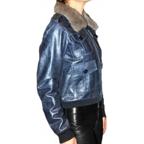 Blouson cuir modèle Amel en vachette bleu vintage col amovible lapin