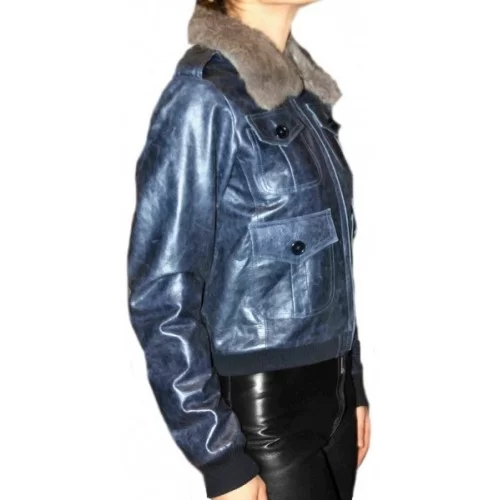 Blouson cuir modèle Amel en vachette bleu vintage col amovible lapin