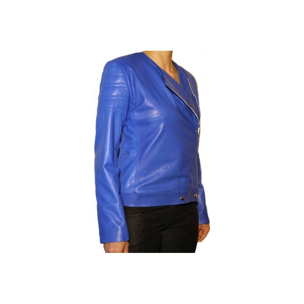 Blouson cuir agneau plongé bleu électrique modèle Perine