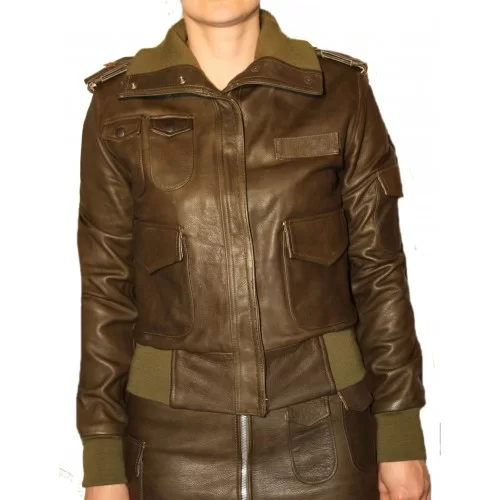 Blouson cuir femme en vachette plongé kaki modèle Snipper