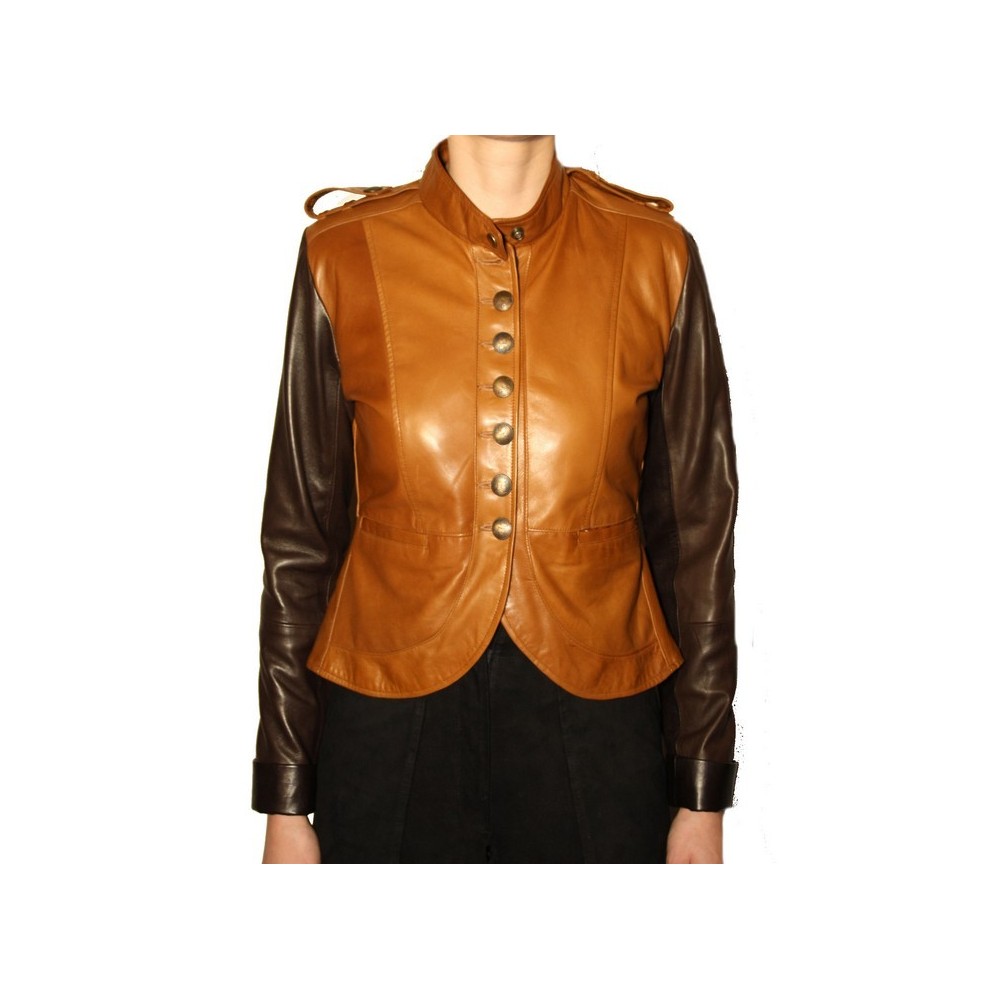 Blouson cuir femme agneaux plongé chocolat et gold modèle Rizza