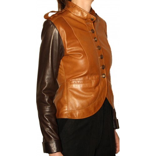 Blouson cuir femme agneaux plongé chocolat et gold modèle Rizza