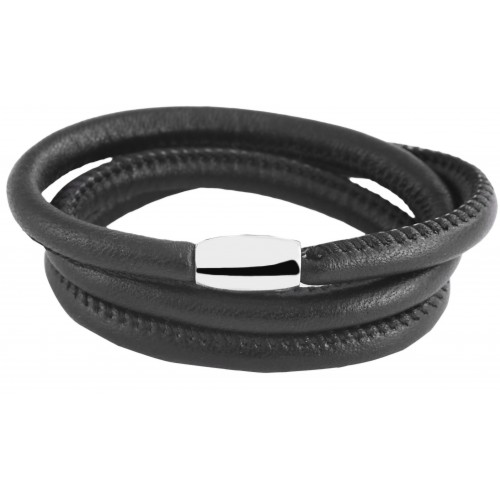 Bracelet en cuir d'agneau noir trois tours de poignet