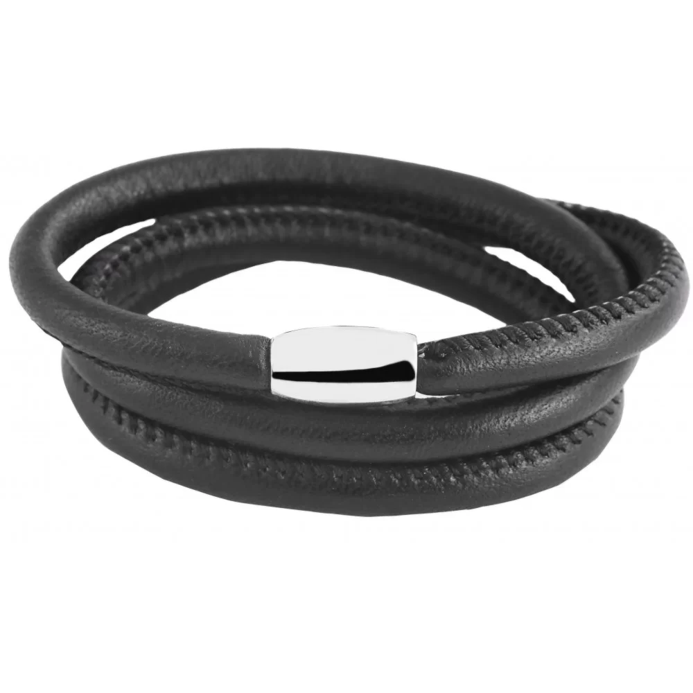 Bracelet en cuir d'agneau noir trois tours de poignet