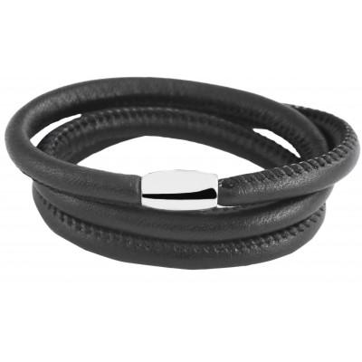 Bracelet en cuir d'agneau noir trois tours de poignet