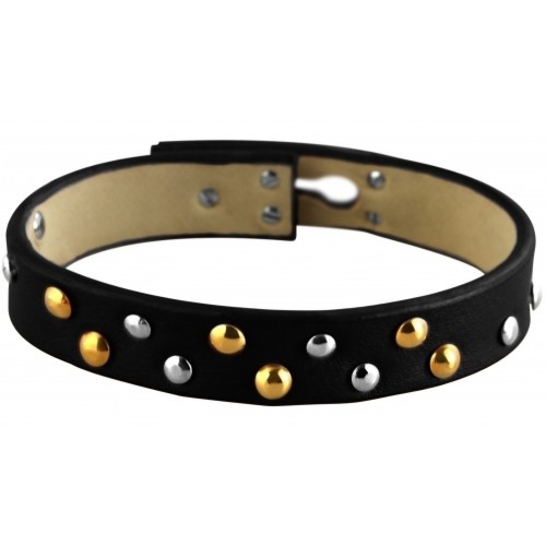 Superbe bracelet en cuir de vachette noire avec rivets métalliques argent et or