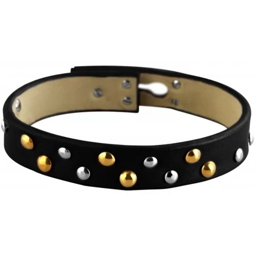 Superbe bracelet en cuir de vachette noire avec rivets métalliques argent et or
