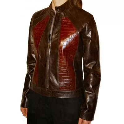 Blouson cuir de vachette marron et cuir impresion crocodile modèle Ismira